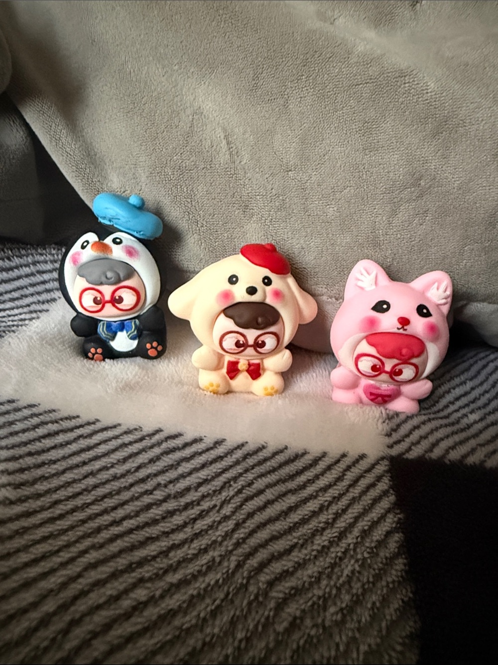 Cute Trio of Animal Character Figurines - Black, Cream, Pink